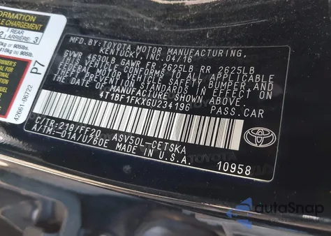 2016 Toyota Camry Se z USA, uszkodzony, nr VIN 4T1BF1FKXGU234196